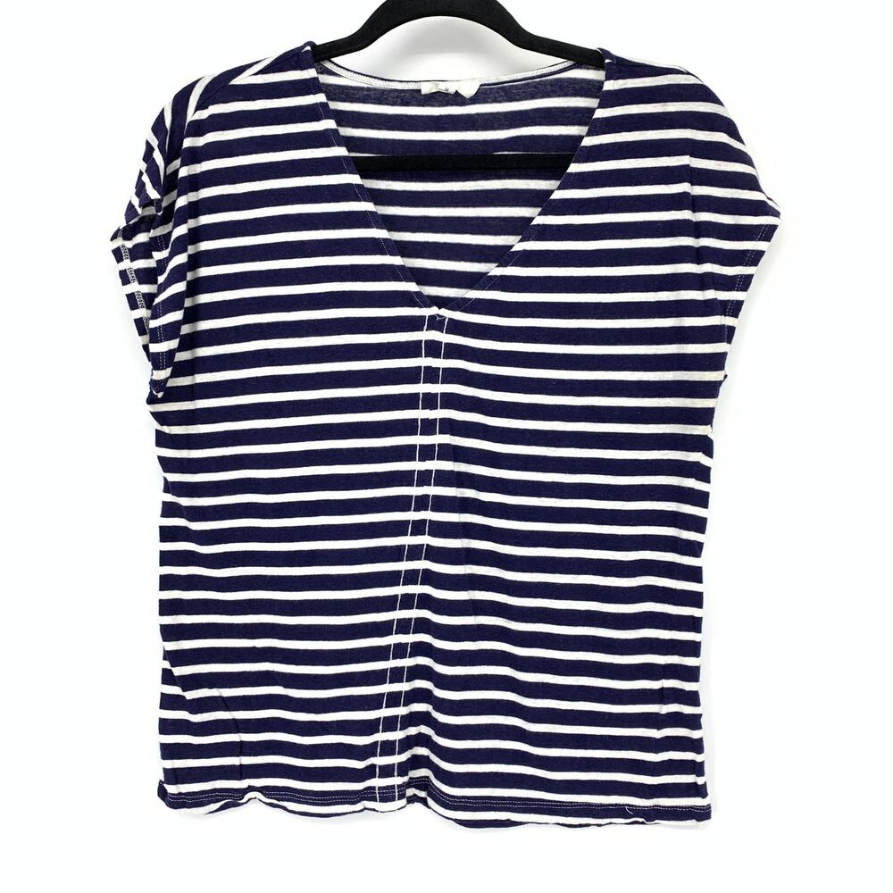 A Loves A V-Neck Cap Sleeve Tank Top Womens Size Medium Navy Blue White Striped